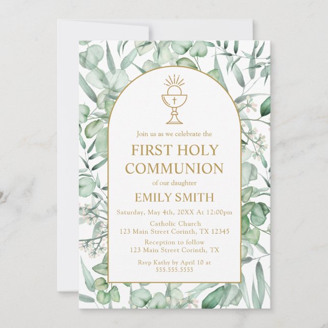Convite First Communion Eucalyptus leaves Invitation (Frente)