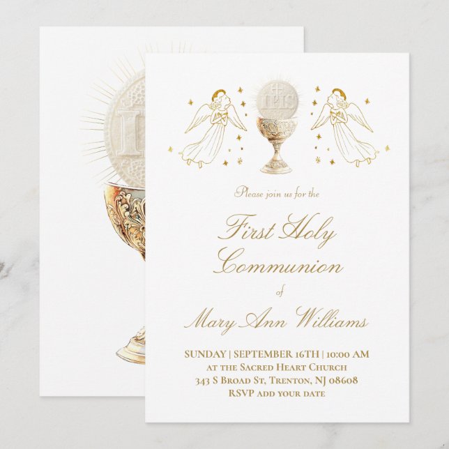 Convite First Communion Eucharist golden angels Invitation (Frente/Verso)