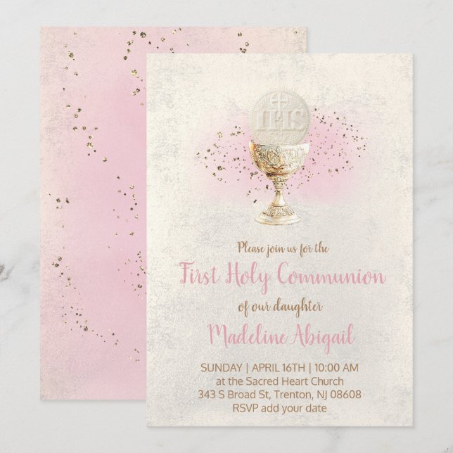 Convite first communion  FAUX glitter and pink watercolor (Frente/Verso)