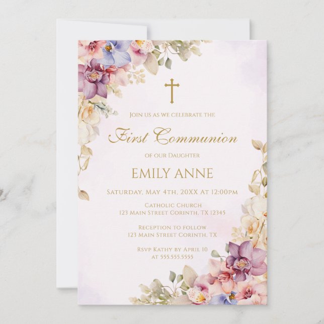 Convite First Communion Floral Orchids Invitation (Frente)