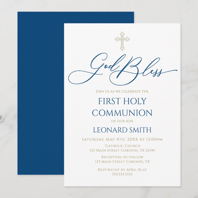 Convite First Communion God Bless Blue Invitation (Frente/Verso)