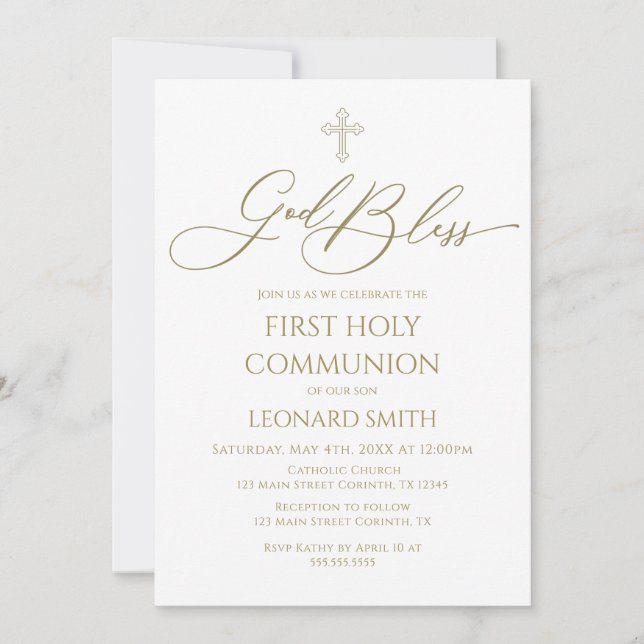 Convite First Communion God Bless gold Invitation (Frente)