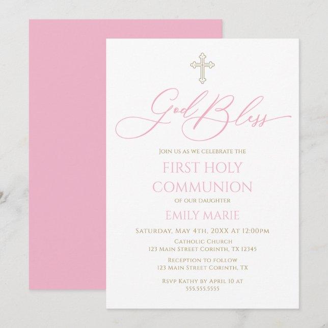 Convite First Communion God Bless pink Invitation (Frente/Verso)