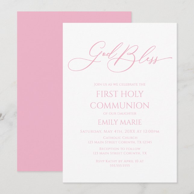 Convite First Communion God Bless pink Invitation (Frente/Verso)