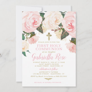 Convite First Communion Invite, Pink Floral Gold