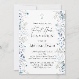 Convite First Communion small blue watercolor flowers