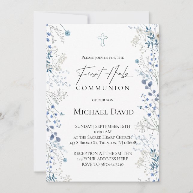 Convite First Communion small blue watercolor flowers (Frente)