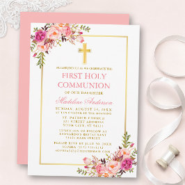 Convite First Communion Watercolor Pink Blush Floral Gold