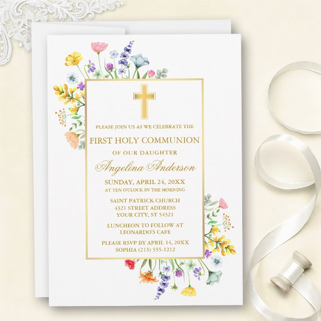 Convite First Communion Watercolor Wildflowers Gold  (Customize to change text size, text style or color.)