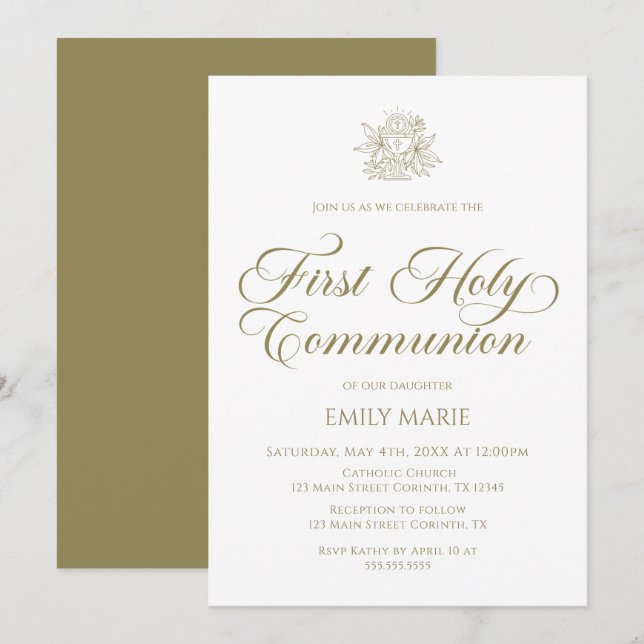 Convite First Communion white and gold Invitation (Frente/Verso)