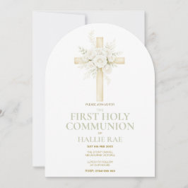 Convite First Holy Communion Arched Invite, Floral Cross 