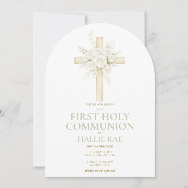 Convite First Holy Communion Arched Invite, Floral Cross  (Frente)