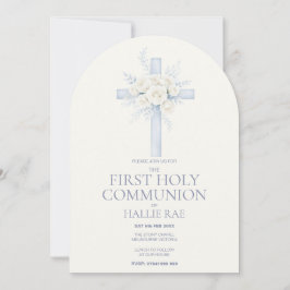 Convite First Holy Communion, Blue Floral Cross Arched