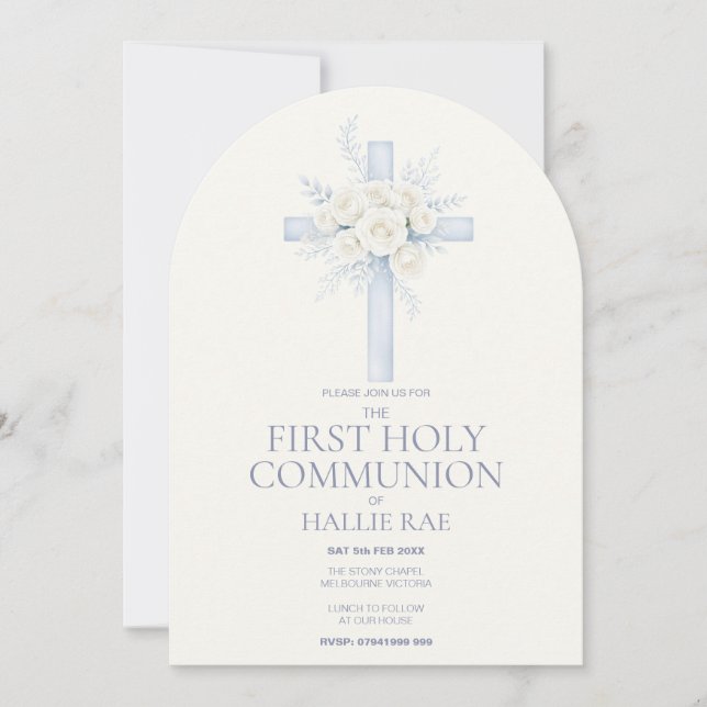 Convite First Holy Communion, Blue Floral Cross Arched (Frente)