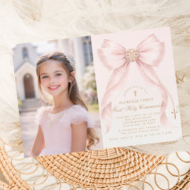 Convite First Holy Communion Blush Pink Bow Christian