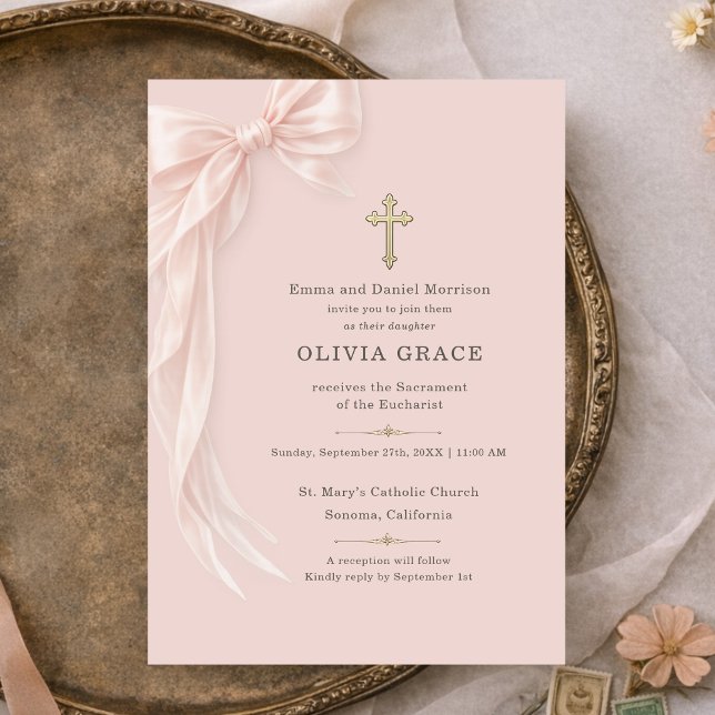 Convite First Holy Communion Blush Pink Bow Girl  (Criador carregado)