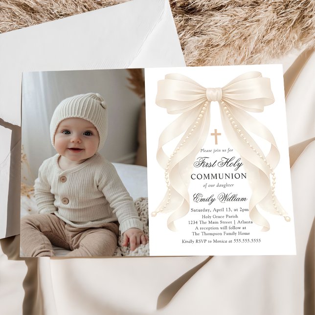 Convite First Holy Communion Bow Pearls Photo Invitation (Criador carregado)