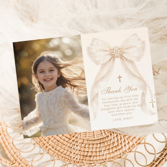 Convite First Holy Communion Bow Photo Thank you Card (Criador carregado)