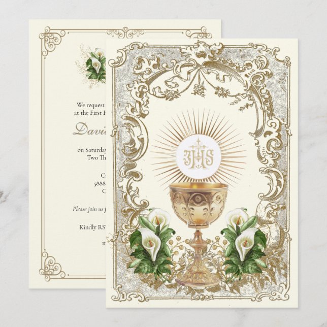 Convite First Holy Communion Chalice Eucharist Calla Lily (Frente/Verso)