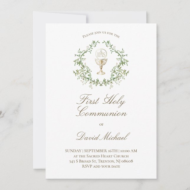 Convite First Holy Communion chalice greenery crest (Frente)