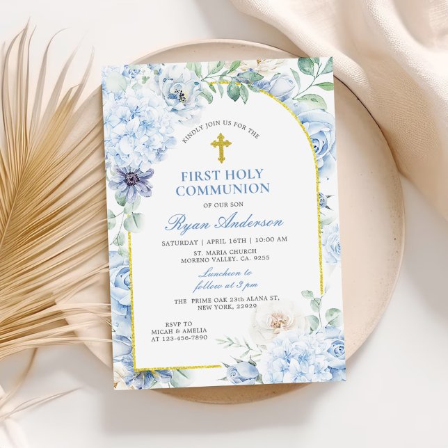 Convite First Holy Communion Dusty Blue Floral (Criador carregado)