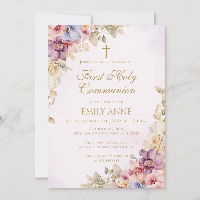 Convite First Holy Communion Floral Orchids Invitation (Frente)