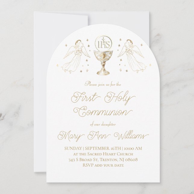Convite First Holy Communion golden angels Invitation (Frente)