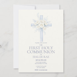 Convite First Holy Communion Invite, Blue Floral Cross