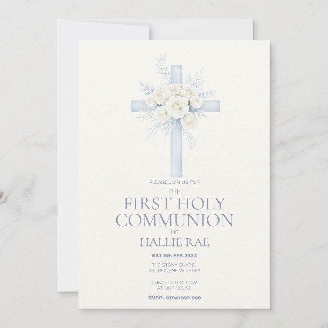 Convite First Holy Communion Invite, Blue Floral Cross (Frente)