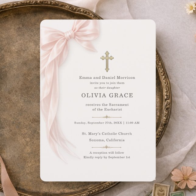Convite First Holy Communion Pink Bow Girl  (Criador carregado)