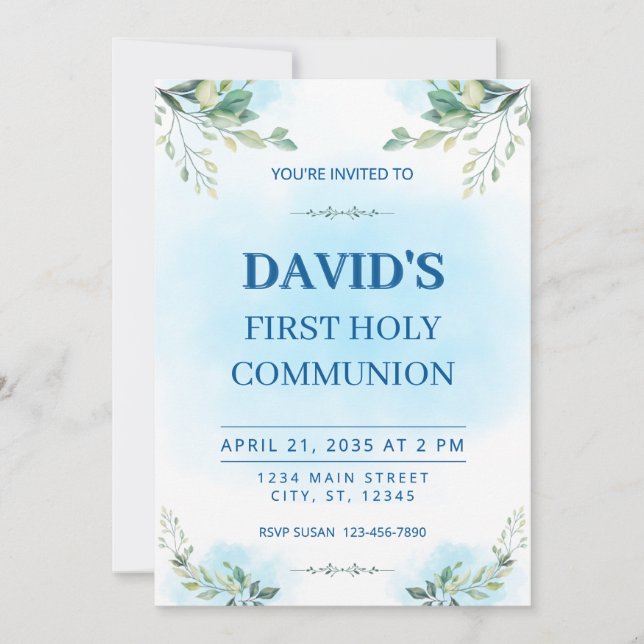 Convite First Holy Communion Watercolor Greenery Blue  (Frente)
