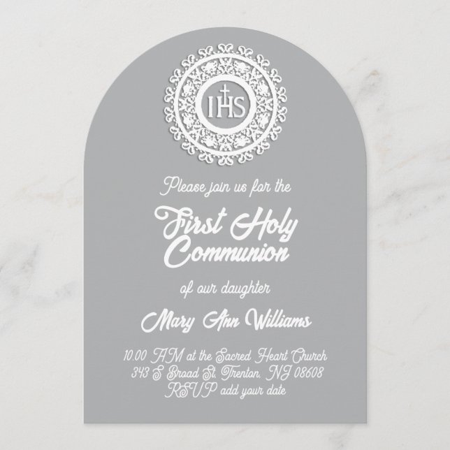 Convite First Holy Communion white grey  (Frente)