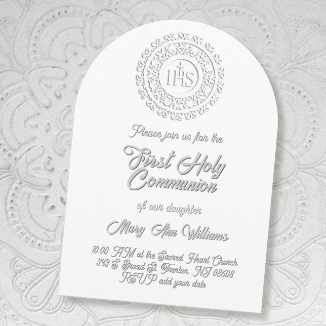 Convite First Holy Communion white grey shadow text (Criador carregado)