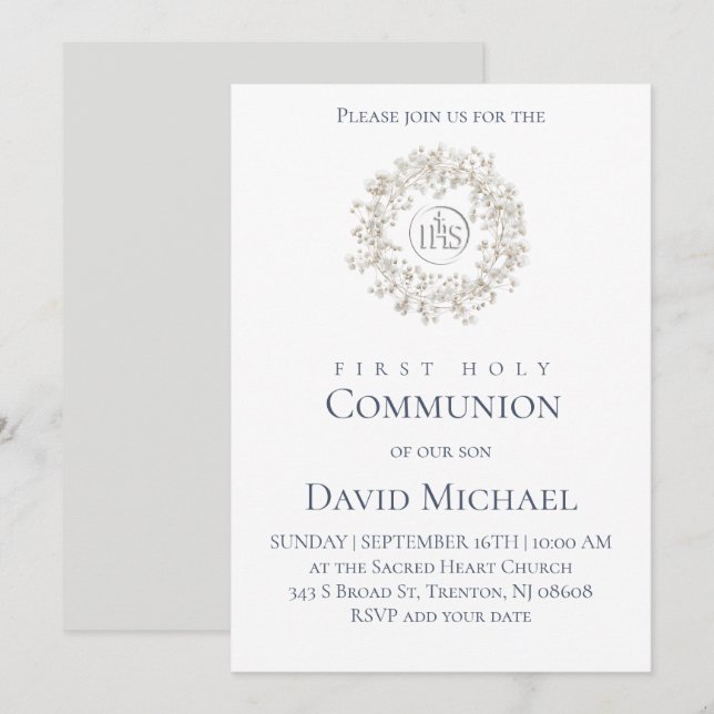 Convite First Holy Communion white wreath (Frente/Verso)