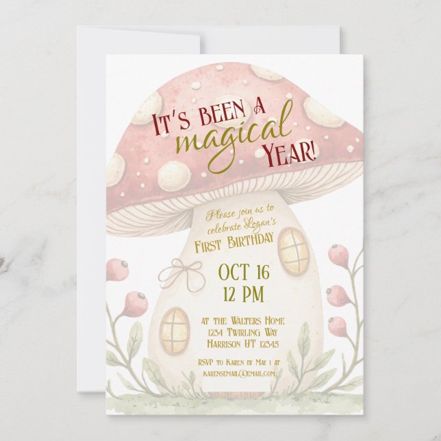 Convite First Magical Mushroom Birthday Invitation (Frente)