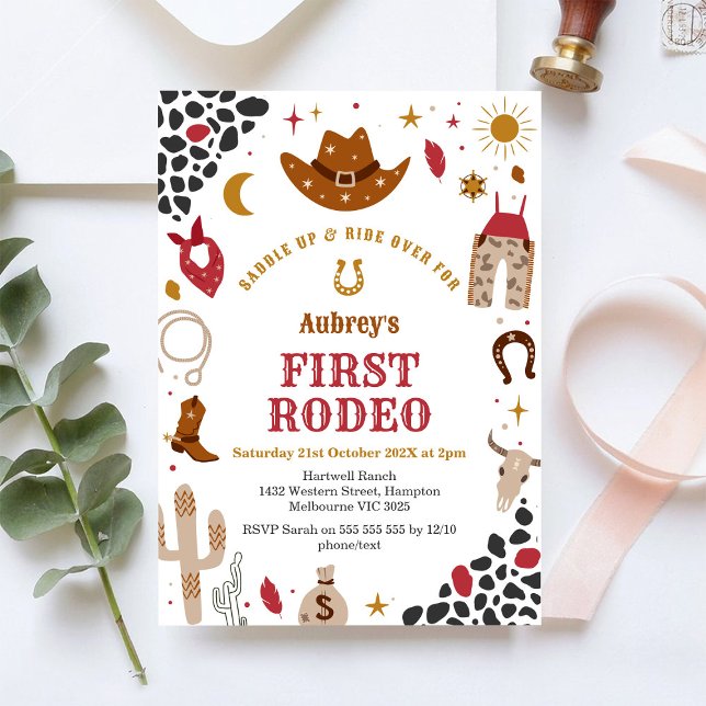Convite First Rodeo Cowbow Western 1st Birthday Invitation (Criador carregado)