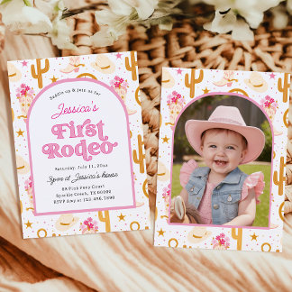 Convite First Rodeo Cowgirl Photo Pink 1st Birthday Party