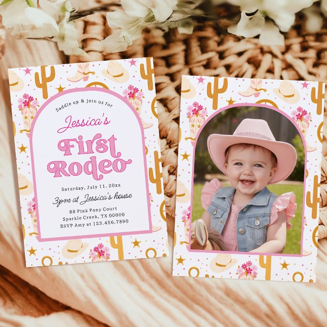 Convite First Rodeo Cowgirl Photo Pink 1st Birthday Party (Criador carregado)