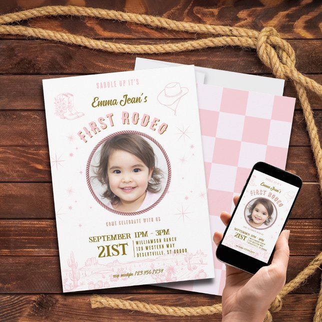 Convite First Rodeo Pink Cowgirl First Birthday  (First Rodeo Pink Cowgirl First Birthday Invitation
)