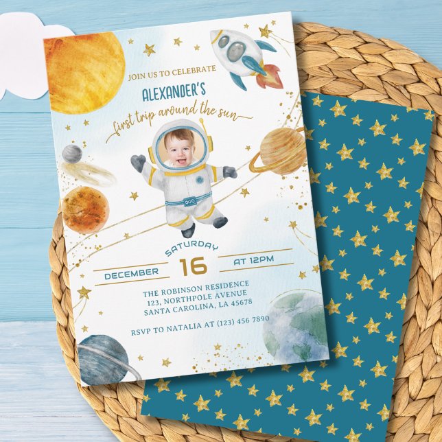 Convite First Trip Around the Sun Photo Space Birthday (Criador carregado)