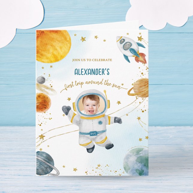 Convite First Trip Around the Sun Space Birthday Photo (Criador carregado)