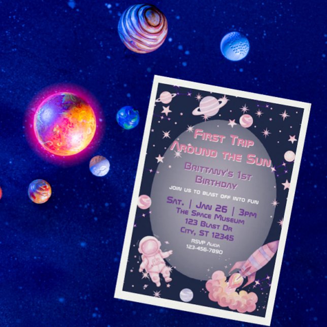 Convite First Trip, Pink Purple Space 1st Birthday  (Criador carregado)