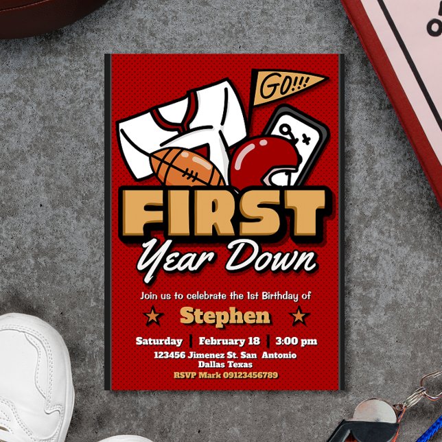 Convite First Year Down - 1st Birthday Football Invitation (First Year Down - 1st Birthday Football Invitation)