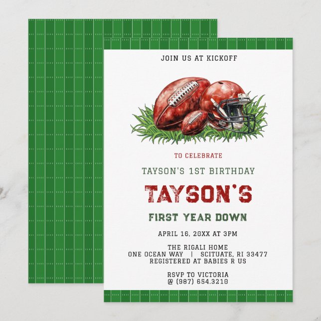 Convite First Year Down Football 1st Birthday Party (Frente/Verso)