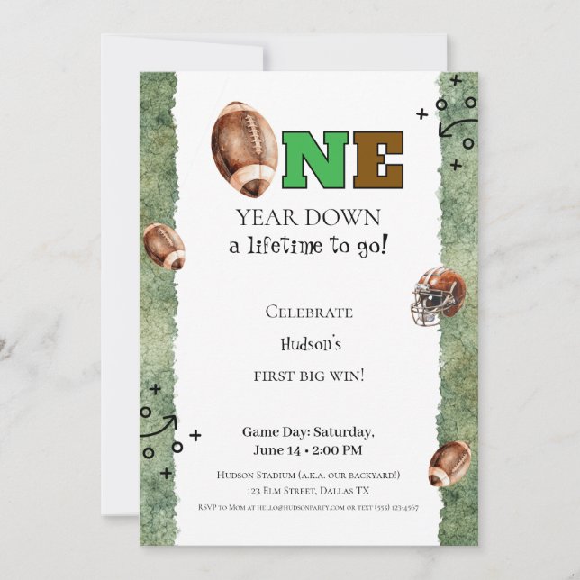 Convite First Year Down Invitation • Football 1st Birthday (Frente)
