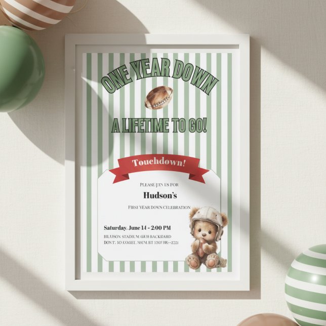 Convite First Year Down Invitation • Football Birthday (Football first birthday invitation with teddy bear and green stripes in white frame)