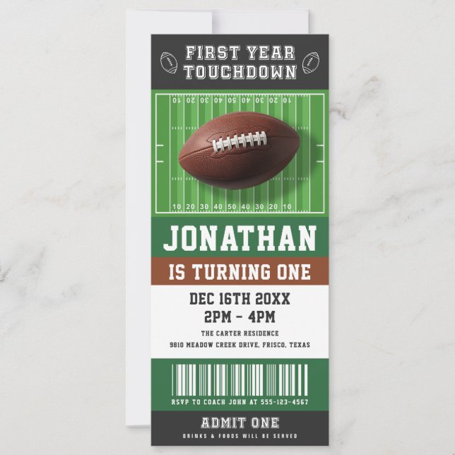 Convite First Year Touchdown Football Ticket 1st Birthday (Frente)