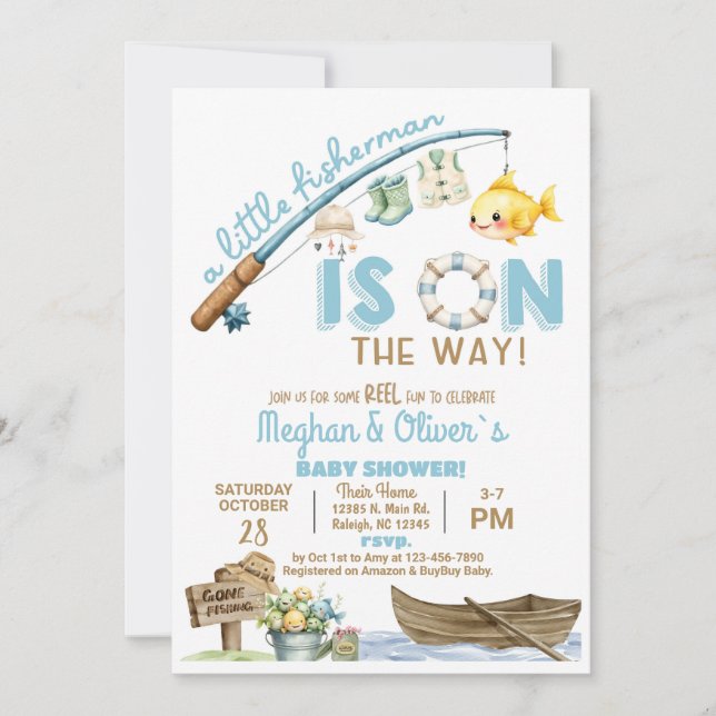 Convite Fisherman / fishing boy reel fun baby shower. (Frente)