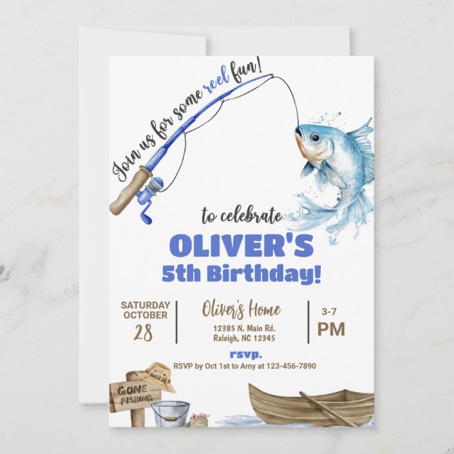 Convite Fisherman / fishing boy reel fun birthday invite. (Frente)