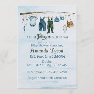 Convite Fisherman On His Way, Watercolor Blue Baby Shower